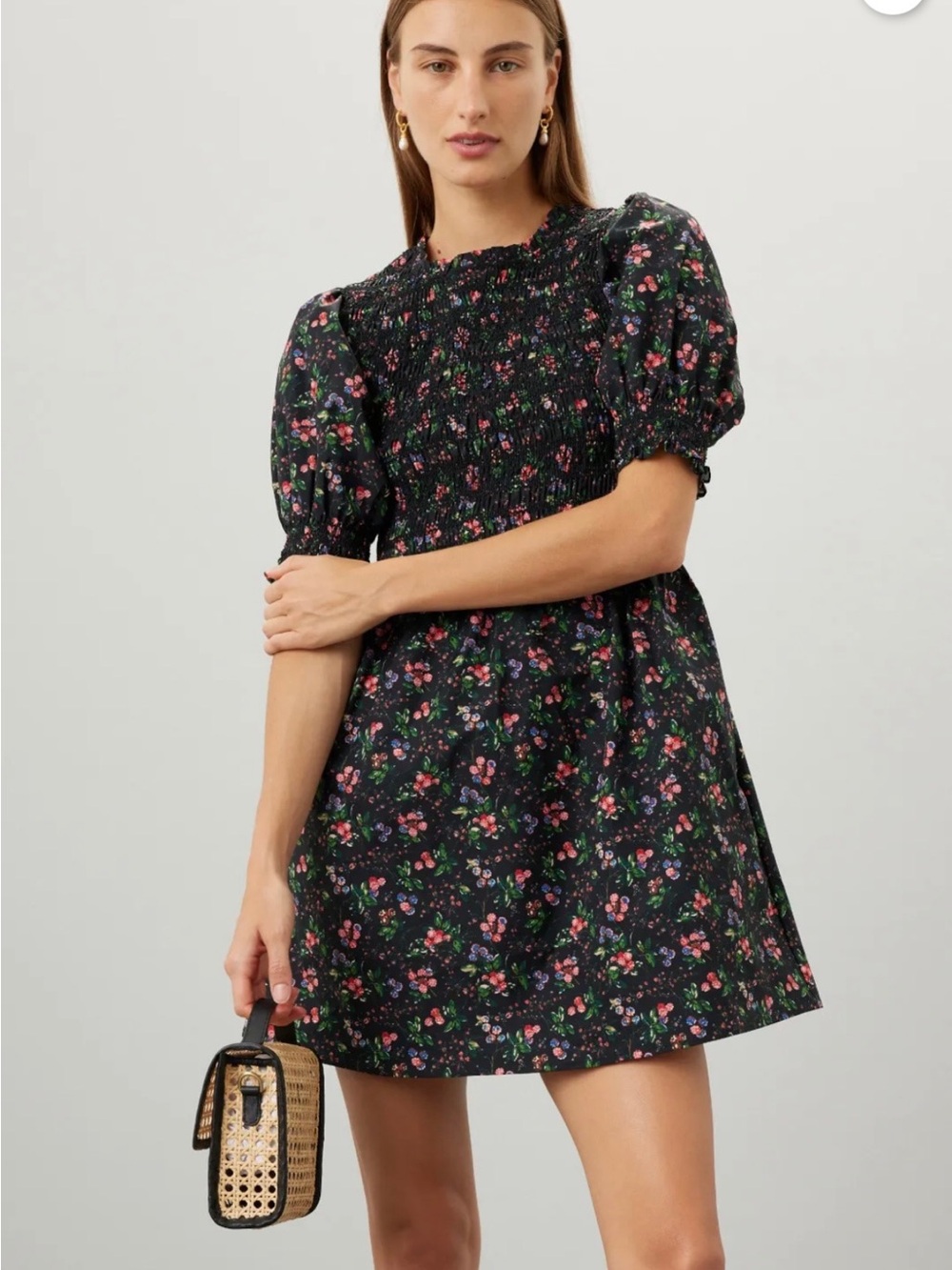 Hill House Black Floral Smocked Puff-Sleeve Mini Dress